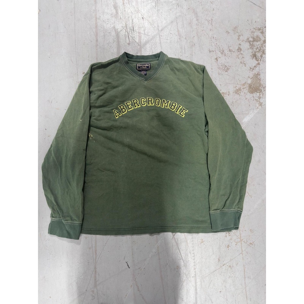 Vintage Abercrombie & Fitch V-Neck Sweatshirt Green Embroidered Logo Mens XL
